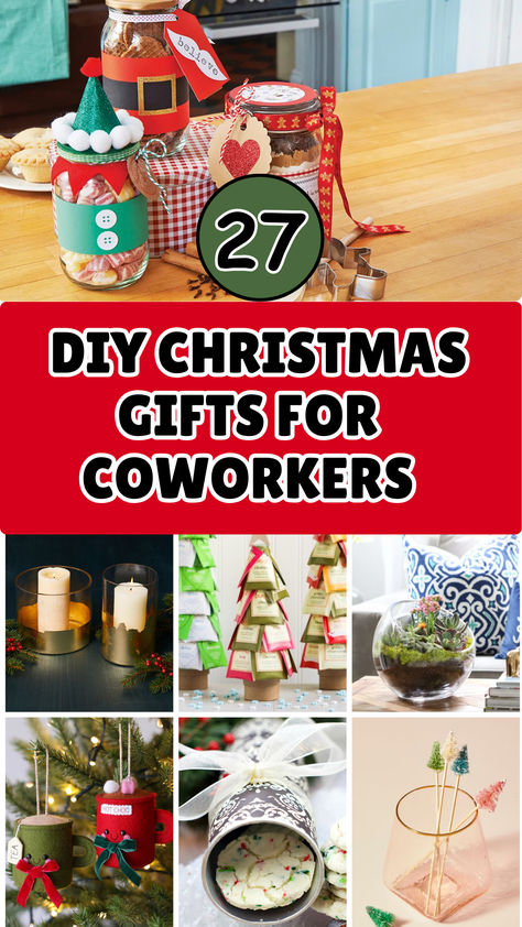 A cheerful image displaying DIY Christmas gift ideas for coworkers! Featuring creative homemade jars, cozy candles, tea bag trees, festive ornaments, and sweet holiday treats—perfect for spreading holiday joy in the workplace. Christmas Craft Gift Ideas For Coworkers, Coworker Gift Ideas For Christmas, Gift Stuffing Ideas, Candy Gift For Coworkers, Christmas Gift For Coworkers Diy, Handmade Christmas Gifts For Coworkers, Christmas Gifts For Staff From Boss Diy, Holiday Diy Gifts Coworkers, Christmas Gifts For Coworkers Offices