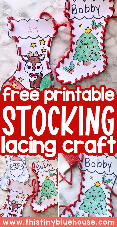 This free printable stocking lacing craft is lots of fun for kids in preschool up to grade 3 or 4. Children have lots of fun coloring in their own stocking template and then using yarn or ribbon to lace their stocking together. A fun Christmas craft idea for kids, this easy Christmas activity works on fine motor skills and hand-eye coordination. Head over to our blog today to snag your free printable Christmas stocking templates. Preschool Craft Christmas, Paper Stocking Decorating Ideas For Kids, Stocking Craft For Toddlers, Kindergarten Craft Christmas, Christmas Crafts Stocking, Christmas Craft Ideas For Kindergarten, Daycare Crafts Christmas, Paper Stockings Craft, Stocking Craft Kindergarten