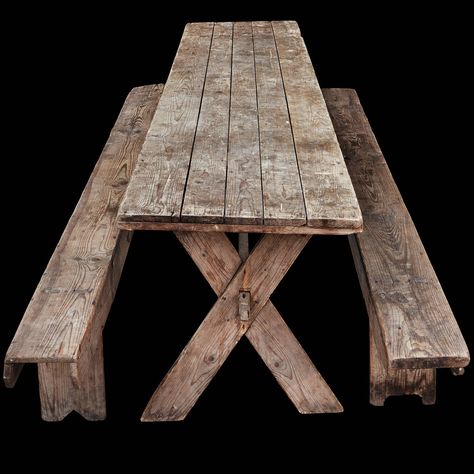 Large Rustic Trestle Table with Pair of Benches | From a unique collection of antique and modern farm tables at https://www.1stdibs.com/furniture/tables/farm-tables/ Table With Bench, Pine Table, Farm Tables, Common Room, Water Mill, Trestle Table, Farm Table, Bench Table, Rustic Dining Table