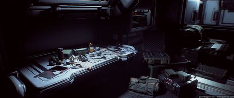 Sci-fi Armory Workbench, Gary Do on ArtStation at https://www.artstation.com/artwork/yNao3 Sci Fi Workshop, Sci Fi Building, Spaceship Design, Game Inspiration, Hard Surface, Environment Concept Art, Desk Setup, Environmental Art, Walkway