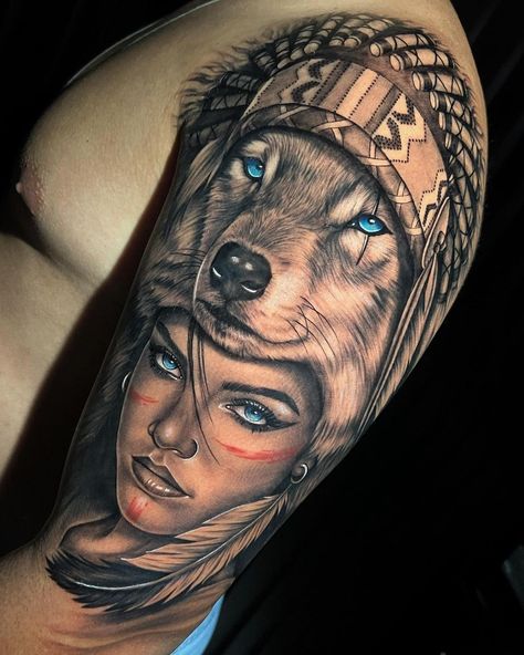 Indian Wolf Tattoo Design, Indian With Wolf Tattoo, Indian Warrior Tattoo For Men, Woman With Wolf Headdress Tattoo, Women Wolf Tattoo, Tattoo Brazo Mujer, Indian Women Tattoo, Wolf Face Tattoo, Native American Wolf Tattoo