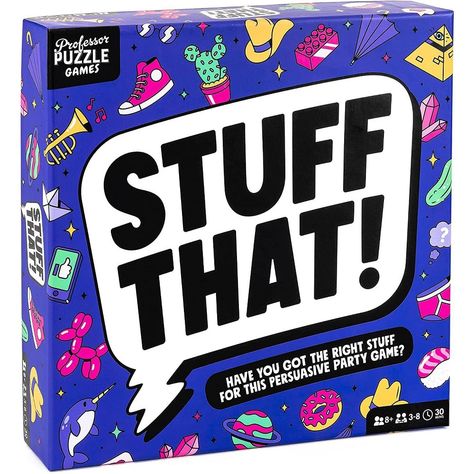 Stuff That! - a hilarious party game of creative thinking and outrageous explanations. Play as many cards as you think you can link to a category – but watch out – bid the highest and you’ll have to show everyone and convince them you’re right! Easy to learn and utterly addictive. Stuff That! is for 3-8 players ages 8 and up. Approximately 30-minute gameplay. Game Packaging, Puzzle Crafts, Adult Party Games, The Right Stuff, Puzzle Games, Puzzle Set, Crazy Socks, All Toys, Family Game Night