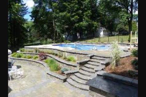 Inground pool on slope-bc apparently we need a retaining wall Exterior Design Backyard, Retaining Wall Patio, Hillside Pool, Backyard Pool Design, Inground Pool Landscaping, Landscaping On A Hill, Sloped Yard, Hillside Garden, Sloped Backyard