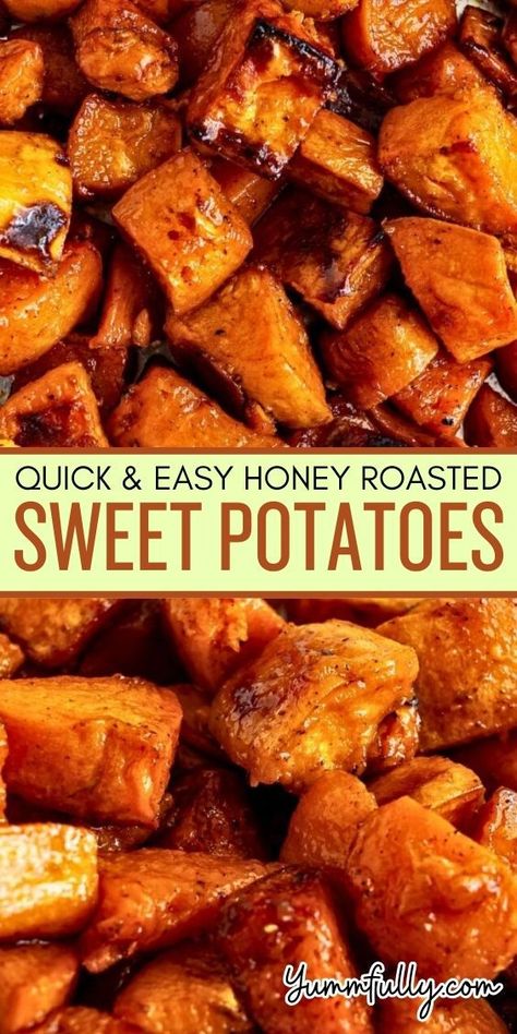 Enhance the natural sweetness of sweet potatoes by roasting them with a drizzle of olive oil and honey. This easy and quick way to prepare them is not only effortless but makes the perfect accompaniment for any meat entree. They are the perfect side dish for Thanksgiving, elegant celebrations, or casual dinners! Honey Roasted Sweet Potatoes, Sweet Potato Side Dish, Sweet Potato Recipes Roasted, Healthy Food Motivation, Potato Side Dishes, Honey Roasted, Thanksgiving Side Dishes, Potato Dishes, Sweet Potato Recipes