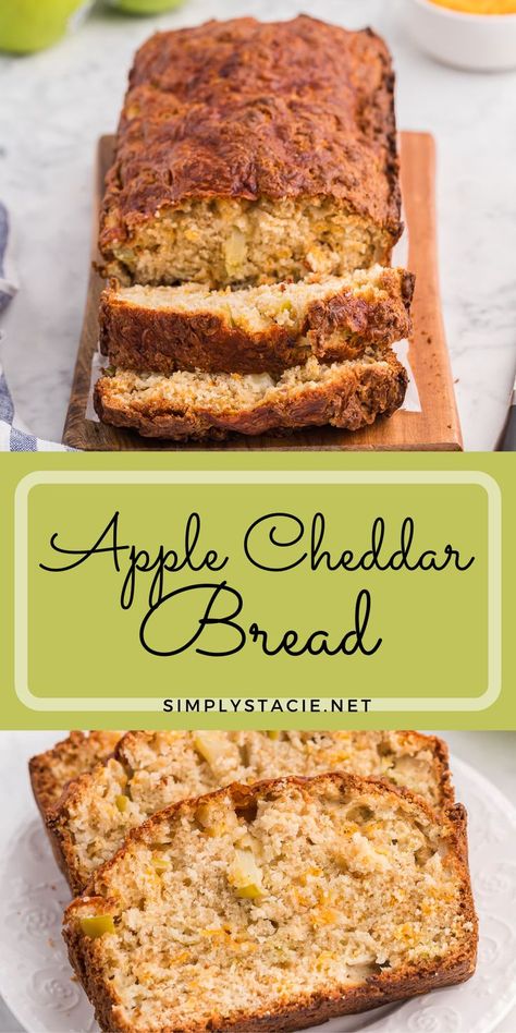 Two image collage of Apple Cheddar Bread. First image shows the loaf on a cutting board with a few slices at the end. The second image shows three slices on a white plate. Cheddar Cheese Bread Recipe, Cheddar Quick Bread, Cheddar Bread Recipe, Cheddar Bread, Apple Cheese, Chedder Cheese, Cheddar Recipes, Apple Cheddar, Bread Jam