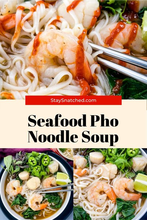 This Easy Seafood Pho Noodle Soup is made with shrimp, rice noodles and any seafood you like and is the perfect recipe to make the dish at home. This Asian and Vietnamese inspired dish is comforting and loaded with so much flavor. Shrimp Pho Soup Recipe, Seafood Pho Recipe, Pho Recipe Easy, Seafood Pho, Eating Cycle, Shrimp Noodle Soup, Pho Recipes, Pho Soup Recipe, Shrimp Soup Recipes