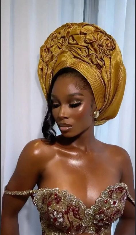 African Wrap Dresses For Women, African Wedding Aesthetic, Gold Nigerian Dress, African Bride Hairstyles, Nigerian Dresses Traditional, African Headwrap Styles, Bride Black Women, Traditional African Wedding Dress, Traditional African Hairstyles