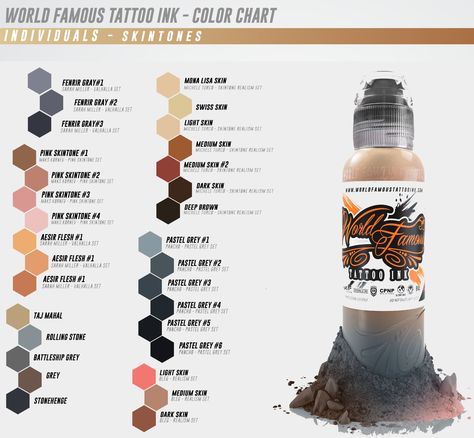 world famous color chart grey skin Tattoo Chart, World Famous Tattoo, Tattoo Ink Colors, Skin Color Tattoos, Colored Tattoo Design, World Famous Tattoo Ink, Dragon Sleeve Tattoos, Buddha Tattoo, New School Tattoo