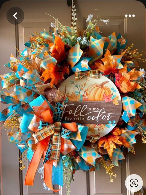 Fall Wreaths For Front Door Autumn Mesh, Teal And Orange Fall Wreath, Colorful Wreaths For Front Door, Teal Fall Wreath, Deco Mesh Fall Wreaths, Decomesh Fall Wreath, Teal And Orange Fall Decor, Fall Deco Mesh Wreath Ideas, Fall Wreaths For Front Door Autumn