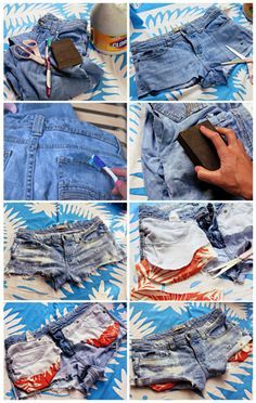 DIY Distressed Fun Pocket Cutoffs.  There is a reason I kept those totes of old jeans! Diy Denim Shorts, Diy Distressed Jeans, Diy Clothes Refashion, Diy Clothes Videos, Diy Shorts, Diy Vetement, Pinterest Diy, Denim Diy, Cute Cuts