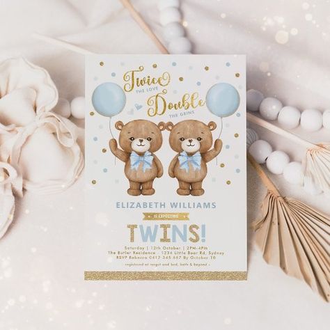 Twin Boys Baby Shower Themes, Teddy Bear Balloon, Twin Boys Baby Shower, Gold Teddy Bear, Bear Baby Shower Theme, Bear Balloon, Blue Baby Shower Invitations, Twins Baby Shower Invitations, Burgundy Prom