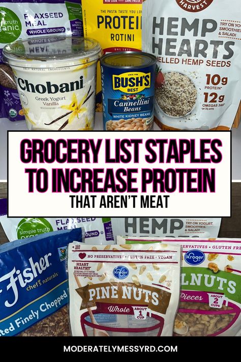 The best grocery list staples to increase protein intake that aren't meat! Instead of just increasing meat consumption from the recommended 3-4 ounce serving size, focus on those little additions that can make a big difference! This is the ultimate guide to educate you on the protein content of different foods which can boost the protein content of various meals. We will discuss the serving size for each of these grocery list staples and how to use them. Protein Based Grocery List, Protein List With Grams, Increasing Protein Intake, How To Increase Protein Intake, Protein Grocery List, High Protein Grocery List, Best Grocery List, Microbiome Recipes, Protein List