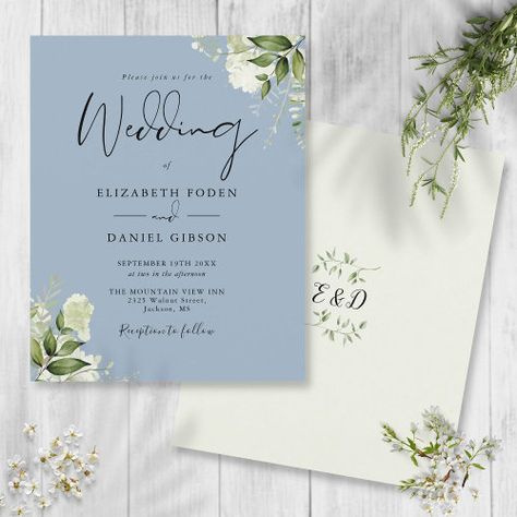 $1.27 | Budget Greenery Dusty Blue Wedding Invitation #wedding, greenery leaves botanical wedding, watercolor floral foliage, outdoor country garden wedding, rustic eucalyptus, elegant script calligraphy, budget cheap wedding invitation, dusty blue, monogram, affordable cost effective wedding invite Wedding Invitation Dusty Blue, Invitation Dusty Blue, Dusty Blue Wedding Invitation, Leaves Wedding Invitation, Chic Typography, Floral Wedding Inspiration, Blue Wedding Invitation, Country Garden Weddings, Dusty Blue Wedding