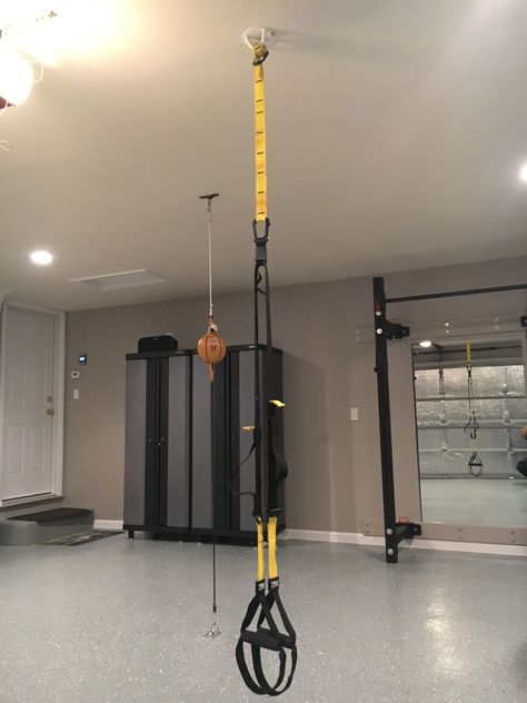 hang trx in basement - Yahoo Image Search Results Trx Mounting Ideas, Trx Gym Design, Trx Garage Setup, Trx Setup At Home, Trx At Home, Trx Home Gym Setup, Trx Setup, Trx Home Gym, Trx Gym