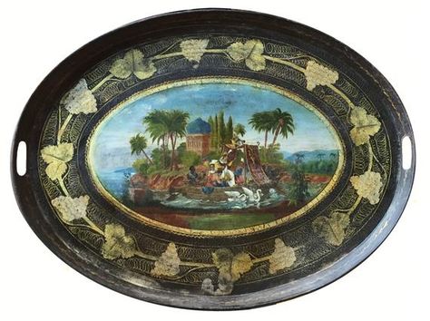 English 19th Century Oval Tole Tray Painted with Pasha Moor | Etsy Vine Border, Tole Tray, Good Birthday Presents, Gold And Black Dress, Hat Boxes, Serving Piece, Accent Colors, Palm Beach, Modern Furniture