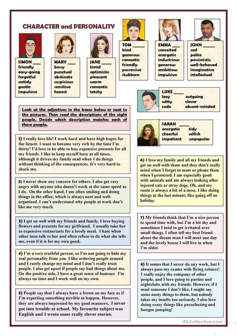 Character and personality - English ESL Worksheets for distance learning and physical classrooms Adjectives To Describe Personality, Personality Adjectives, Descriptions Of People, Speaking Activities English, Adjectives Activities, Character Worksheets, English Lesson Plans, Describing Characters, Character Personality