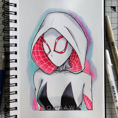 Spider Gwen Art Sketch, Pointillism Drawings, Spider Gwen Drawing, Gwen Drawing, Alcohol Markers Art Ideas, Spiderman Drawings, Alcohol Marker Drawings, Alcohol Markers Art, Spiderman And Gwen