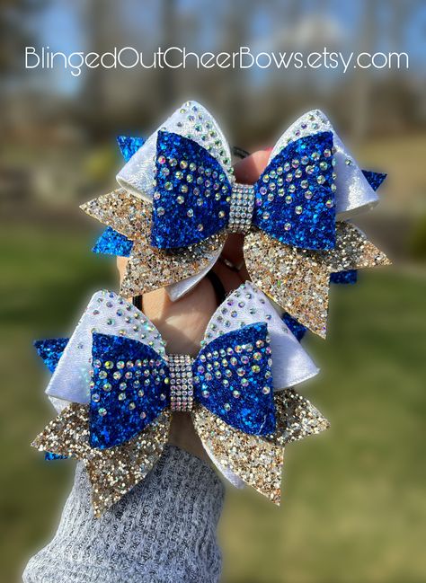 Sideline Cheer, Youth Cheer, Pigtail Bows, Royal Blue And Gold, Cheer Bow, Cheer Bows, Gold Rhinestone, Blue And Gold, Softball