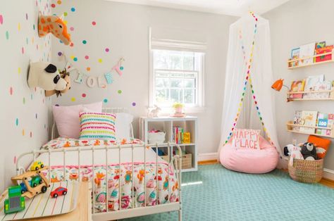 Toddler Bedroom Makeover, Reading Canopy, Girls Bedroom Vintage, Girl Nursery Colors, Whimsical Bedroom, Aqua Rug, Toddler Girl Room, Small Bedroom Designs, Fabric Wall Decals