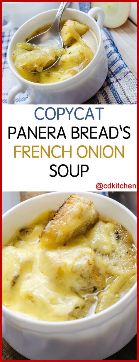 Copycat Panera Bread French Onion Soup - French onion soup is unmistakable with its rich flavor and cheesy croutons. Copy Panera's version with this recipe. Made with butter, yellow onions, flour, garlic, beef broth, water, tomato paste, salt, black pepper, French bread, olive oil, Asiago cheese | CDKitchen.com Panera Bread French Onion Soup Recipe, Panera French Onion Soup, Vegetarian Onion Soup, Twelve Tomatoes, Copycat Panera Bread, Vegetarian French Onion Soup, Bread Olive Oil, Panera Recipes, Bread French