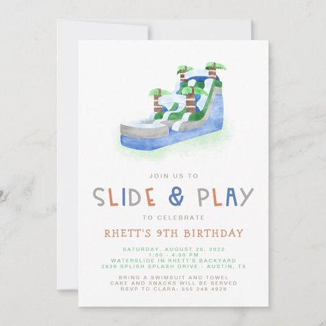 Inflatable Water Slide Birthday Party Invitation  Zazzle Water Slide Birthday Party, 4th Birthday Party For Boys, Water Birthday Parties, Hawaii Birthday Party, Second Birthday Boys, 4th Birthday Boys, Water Birthday, Summer Birthday Invitations, Boy Party Invitations