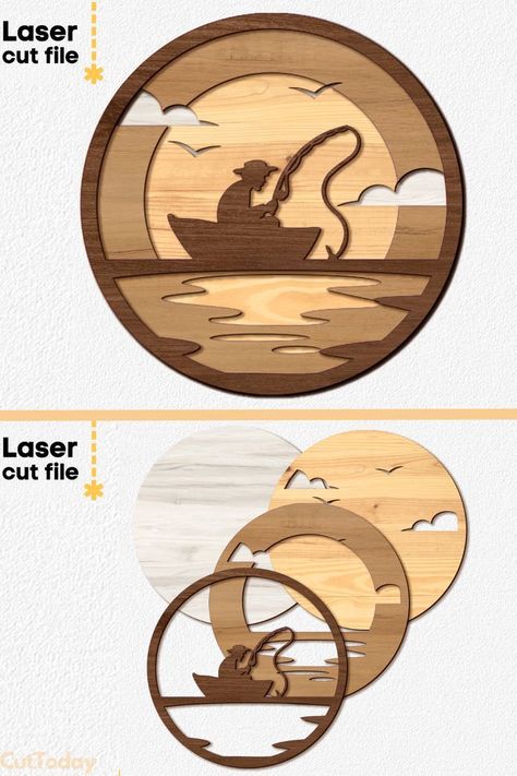 Create stunning plywood crafts with the image of a man in a boat, capturing the essence of the fishing experience. The versatility of this file allows you to customize your projects and create unique round sign that celebrate your love for fishing. #FishingSVG #LaserCutFile #Glowforge #Cricut #FishingMan #PlywoodCrafts #RoundSign #HomeDecor #FathersDayGift #FishingClub #Nature #DIYFatherGift #CutToday #SVG #PDF #DXF #AI #CDR #WallDecor #HomeDecor Plywood Crafts, Laser Cut Wood Jewelry, Wood Cnc Machine, Cnc Machine Projects, Cnc Router Projects, Diy Laser Cut, Router Projects, Laser Cut Wood Crafts, Wood Art Projects