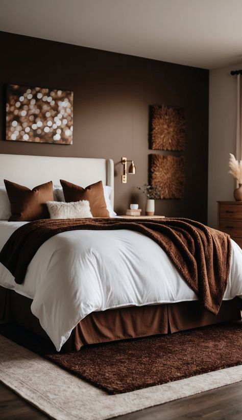 5 Color Palettes to Incorporate Brown into Your Bedroom Home Decor - Dormouse Life Brown And Gold Home Decor, Tan And Brown Bedroom, Chocolate Brown Walls Bedroom, Moody Brown Bedroom, Taupe Bedroom Colour Schemes, Brown Room Decor Bedroom, Bright Color Bedroom Ideas, Chocolate Brown Bedroom, Brown Walls Bedroom