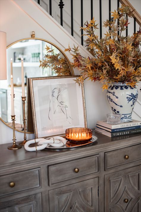 Entry way table styled with Pottery Barn foliage and candle sticks perfect for Fall Pottery Barn Aesthetic, Traditional Entry Way, Pottery Barn Fall Decor, Fall Entry Table Decor, Fall Entry Table, Pottery Barn Fall, Dr Kitchen, Transitional Home Style, Traditional Entry