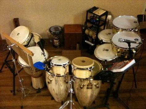 Latin percussion setup. Bar Music, Percussion Drums, Bongos, Cool Gifts For Kids, Percussion Instruments, Drum Set, Music Room, Drum Kits, Percussion