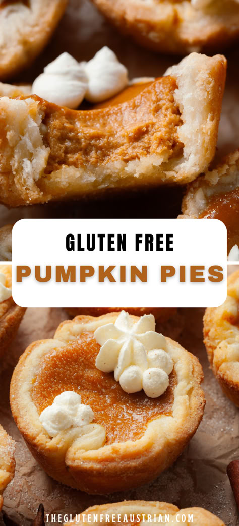 These Gluten Free Mini Pumpkin Pies are undeniably cute and delicious. Everything you love about Pumpkin Pie, just in a bite-size version. Picture a buttery, flaky gluten free pie crust filled with a smooth and perfectly spiced pumpkin pie filling. Gluten Free Mini Pecan Pies, Homemade Gluten Free Pie Crust, Gluten Free Pumpkin Pie Bites, Gluten Free Pastries Recipes, Schar Gluten Free Puff Pastry Recipes, Gluten Free Mini Pies, Gf Thanksgiving Desserts, Gluten Free Recipes For Thanksgiving, Thanksgiving Desserts Gluten Free