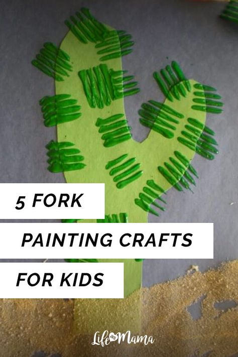 Recently I discovered that forks are a great tool for crafting with. Now, I’m not saying that we should encourage our kids to run around playing with forks. But, supervised craft time with forks can be really fun. I’m sure there are tons of ways to get creative (and messy) with fork painting, but here are just a few easy ones to try. | #crafts #kids #kidcrafts #diy Fork Art For Kids, Fork Tree Painting, Fork Painting, Fork Painting For Kids, Fork Painted Monsters, Painting Crafts For Kids, Fork Crafts, Cheap Dorm Decor, Decor Logo