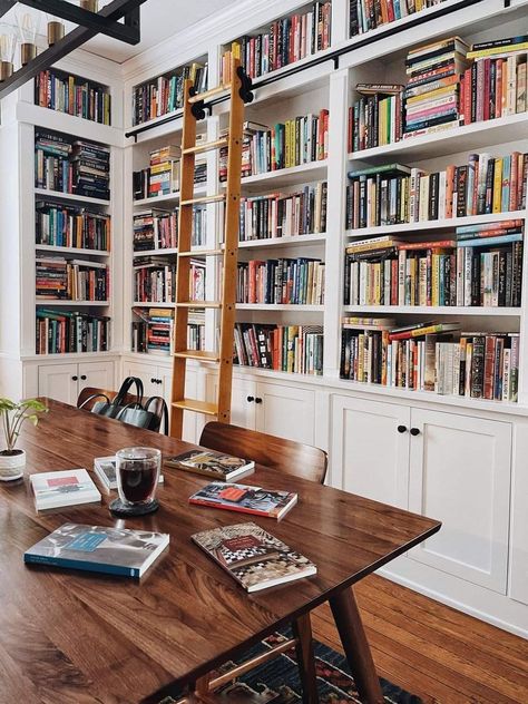 Library Dining Room Combo Modern, Dining Room Book Shelf, Home Library Dining Room, Floor To Ceiling Bookshelves Dining Room, Books In Dining Room, Home Library Table, Dining Room And Library Combination, Turn Dining Room Into Library, Dining Room Library Combo Small