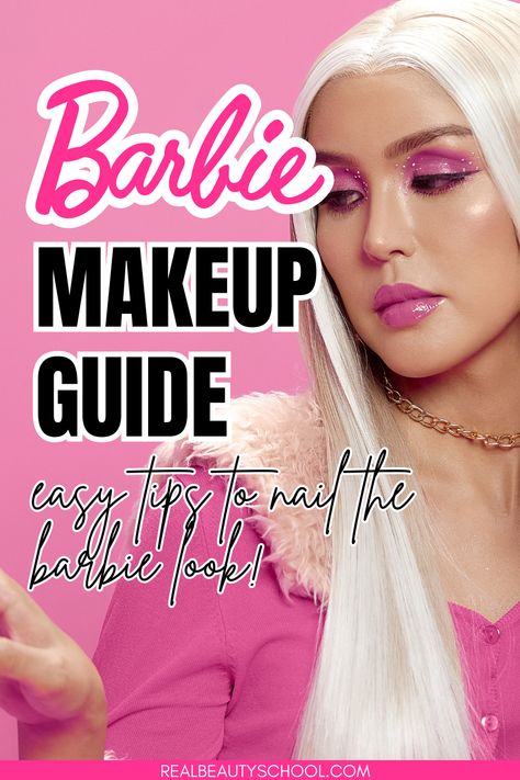 woman with pink barbie makeup look Malibu Barbie Makeup Look, Zombie Barbie Makeup, Black Barbie Makeup Look, Pink Barbie Makeup Look, Barbie Glam Makeup, Barbie Face Paint, Barbie Makeup Ideas, Barbie Eye Makeup, Pink Barbie Makeup