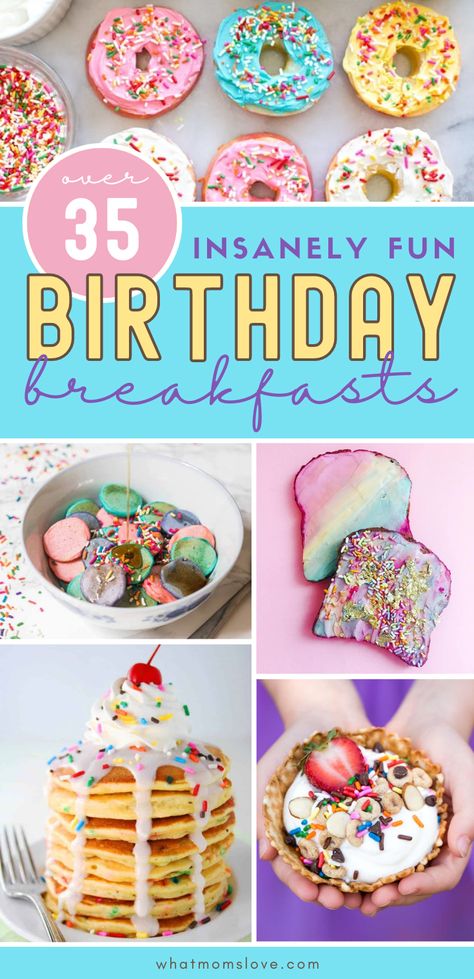 Fun Birthday Breakfast Ideas for Kids and Adults. Make your child's birthday extra special with these creative birthday breakfast recipes - from funfetti pancakes, to waffles, french toast and cinnamon buns + healthy ideas too! #birthdaybreakfast Breakfast For Dinner Birthday Party, Sleepover Morning Breakfast, Breakfast Ideas For Birthday Party, Kid Birthday Breakfast, Toast Birthday Party, Birthday Waffles Breakfast, Morning Birthday Party Snacks, Healthy Birthday Treats For Adults, Birthday Breakfast Recipes