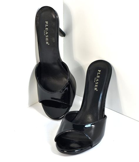 Step into a classic pair of black pumps! A vintage style of black slip ons with a peep toe touch is crafted in a flattering glossy leatherette and a comfortable heel for any of your day to night looks. A cushioned insole prepares you for the perfect comfort you can rely on, and a simple silhouette will make these your go-to pair! Please note these shoes have a 2-3 day handling time before they will ship from our warehouse and there is a 10% restocking fee if you choose to return. Black Heels Vintage, Black Vintage Heels, Vintage Black Heels, Black Heels Outfit, Simple Black Heels, Heels Unique, Heels Vintage, Halloween Shoes, Black Peep Toe Heels