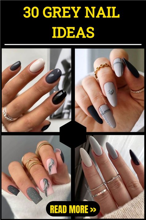 30 GREY NAIL IDEAS Gray And Black Nails Ideas, Two Tone Nail Designs Color Combos, Grey Almond Acrylic Nails, Dark Gray Nail Ideas, Gray And Black Nails, Gray Nail Ideas, Grey Fall Nails, Shades Of Grey Nails, Grey Nail Ideas