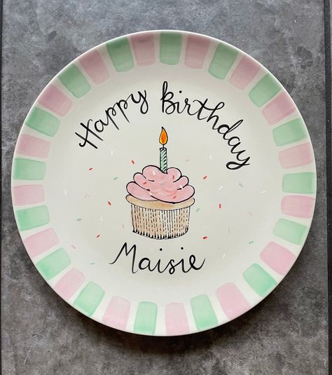 Happy Birthday Plate Personalised Plate Hand-painted Plate celebration Plate Birthday Plate Party Plate Cake Plate - Etsy First Birthday Plate Ideas, 1st Birthday Plate Diy, Birthday Plate Ceramic, Birthday Plate Design, Birthday Plate Painting Ideas, Birthday Plate Ideas Ceramic, Birthday Plate Girl, Birthday Cake Plate Design, Diy Birthday Plate Kids