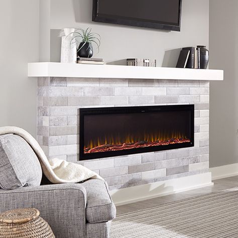 Electric Fireplace Wall Mantle, Electric Fireplace Wall Ideas Tile, Rectangular Electric Fireplace Ideas, Recessed Fireplace Mantle, Wide Electric Fireplace, Black Electric Fireplace Ideas, Electronic Fireplace Living Rooms, Electric Fireplace Tile Surround, Linear Electric Fireplace Ideas