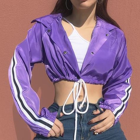 Jacket Aesthetic, Drawstring Jacket, Aesthetic Purple, Purple Outfits, Jackets Women, Cropped Jacket, Purple Fashion, Dance Outfits, Crop Jacket