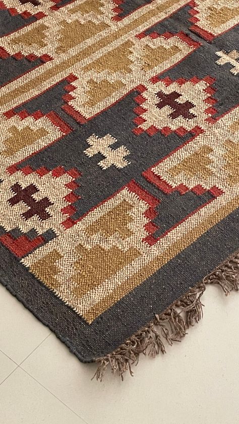 Famous for their rich colors, warm tones, and beautiful ethnic motifs, these flat-woven rugs embody a splendid mix of cultures: the Greeks, Armenians, Kurds, Assyrian, & Turkic peoples have all contributed to kilim history. The dhurrie is handwoven/loomed in jute and the colors make you feel at home. Pin in it up on the wall of your favorite room if you are not so much into rugs! Details Material: 70 % Jute (weft) and 30% Wool (warp) Size: 5 x 8 ft; 150 x 240 cm Didn't find anything of your choi Nordic Rug, The Greeks, Ethnic Motifs, Navajo Rugs, Flat Woven Rug, Handmade Kilim Rugs, Rug Company, Weaving Process, Indian Traditional