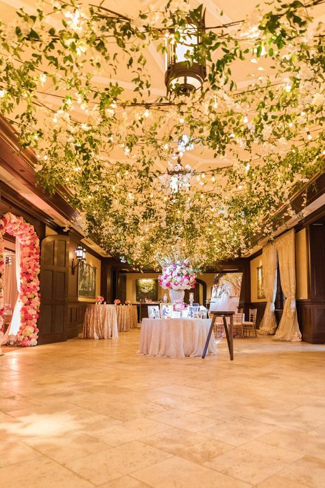 Magical Ceiling, Reception Ceiling, Wedding Ceiling Decorations, Country Club Reception, Flower Ceiling, Wedding Ceiling, Wedding Entrance Decor, Bistro Lights, Happy Friday Friends