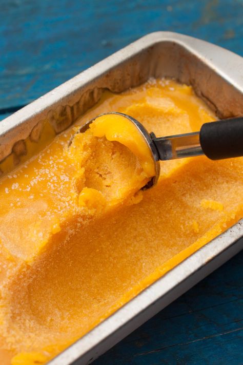 Mango Sorbet Without Added Sugar | The Greedy Vegan Mango Sorbet Recipe, Strawberry Kiwi Smoothie, Vegan Ice Cream Recipe, Sorbet Recipe, Healthy Ice Cream Recipes, Sorbet Ice Cream, Ripe Mango, Frozen Mango, Mango Sorbet