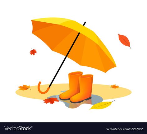 Autumn Animation, Autumn Rainy Day, Orange Umbrella, Autumn Orange, After Rain, Cute Boots, Rubber Boots, Flat Illustration, Rainy Day