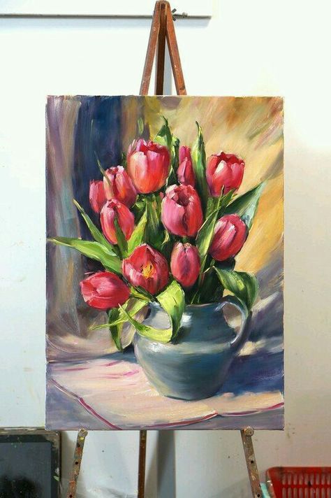 Tulip Painting, Tulips Art, Canvas For Beginners, Flower Painting Canvas, Easy Canvas Painting, 수채화 그림, Urban Sketchers, Red Tulips, Oil Pastels