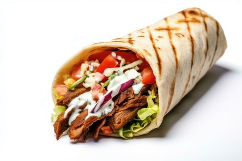 doner kebab isolated on white background AI Generated Kebab Aesthetic, Doner Kebab, Cheese Dog, Food Poster Design, Kebabs, Food Poster, Food Obsession, Custom Logo Design, Gut Health