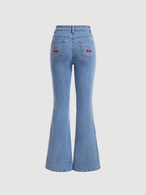 SHEIN MOD Women's Cherry Embroidery Flare Jeans With PocketsI discovered amazing products on SHEIN.com, come check them out! Cherry Embroidery, Jeans With Pockets, Dusty Blue, Amazing Products, Flare Jeans, Women Clothing, Cherry, Embroidery, Collar