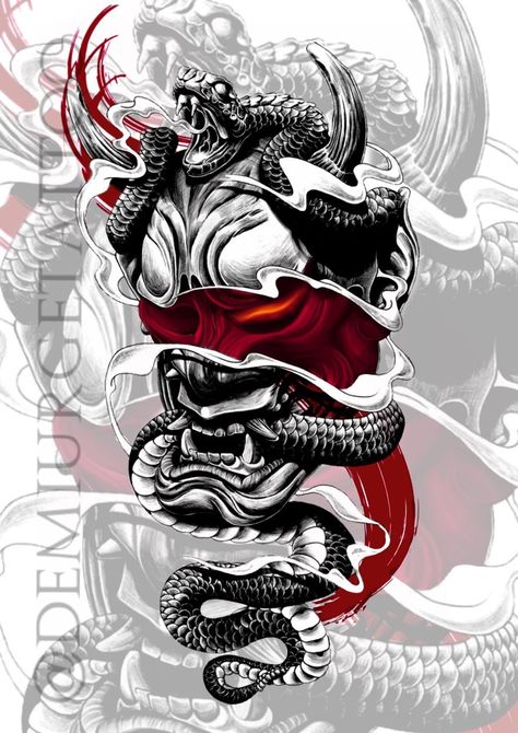 Snake And Oni Mask Tattoo, Irezumi Snake Tattoo, Coloring Tattoo, Japanese Demon Tattoo, Japanese Warrior Tattoo, Japanese Oni Mask, Oni Mask Tattoo, Oni Tattoo, Hannya Mask Tattoo