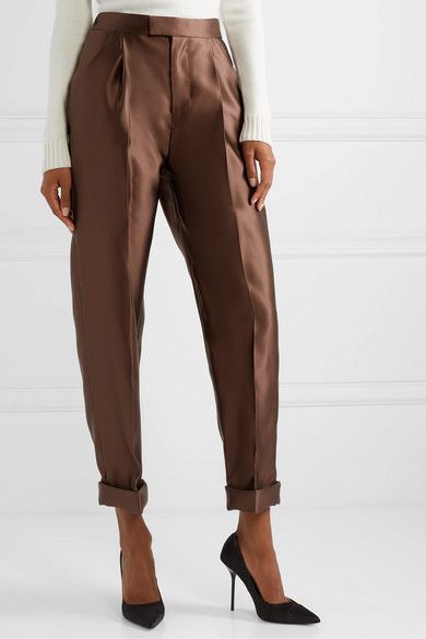 Ootd Office, Tom Ford Clothing, Pant Trends, Satin Pants, Silk Robe, Brown Silk, Trouser Suits, Pants Straight, Large Fashion