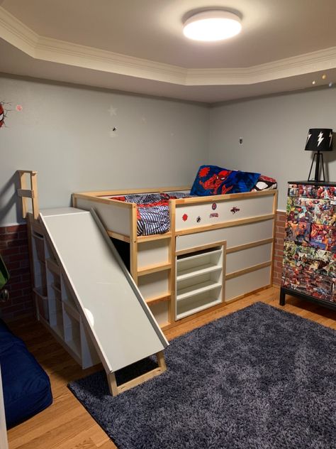 Kura Bed Slide, Spider Man Bedroom Ideas, Camp Nursery, Bed Hideout, Man Bedroom, Bed Slide, Kura Bed, Kids Loft, Kids Loft Beds