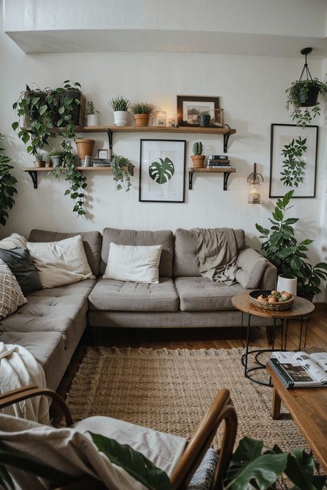 Room Idea With Plants, Simple Living Room With Plants, Plant Themed Living Room Apartment, Neutral Plant Living Room, Living Room Plant Inspiration, Living Room With House Plants, Greenery Apartment Decor, Living Room With No Ceiling Light, Living Room Lighting Aesthetic